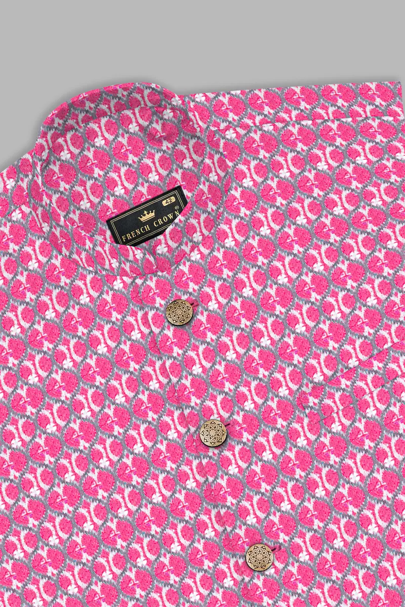 French Rose Pink And Bright White Designer Embroidered Nehru Jacket 10