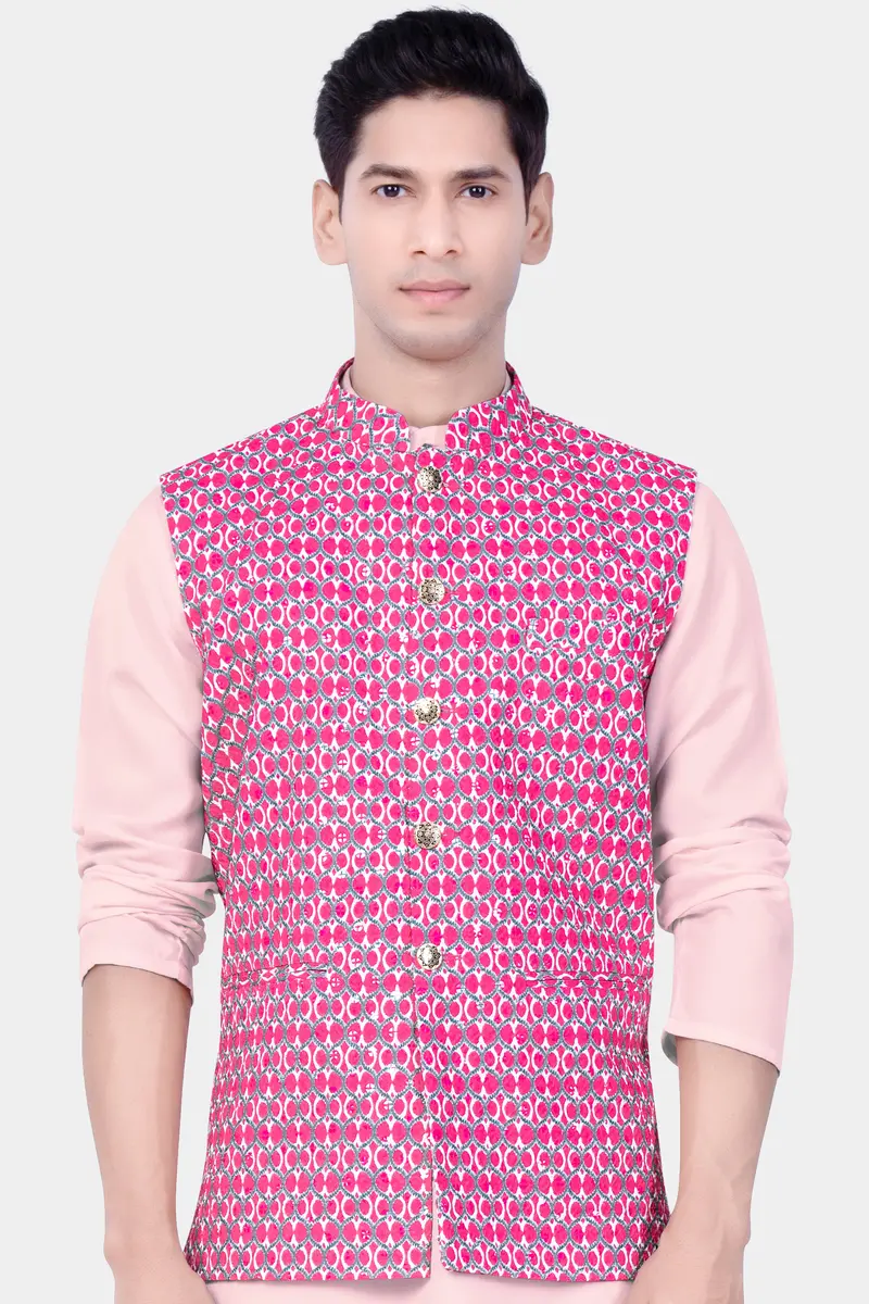 French Rose Pink And Bright White Designer Embroidered Nehru Jacket 2