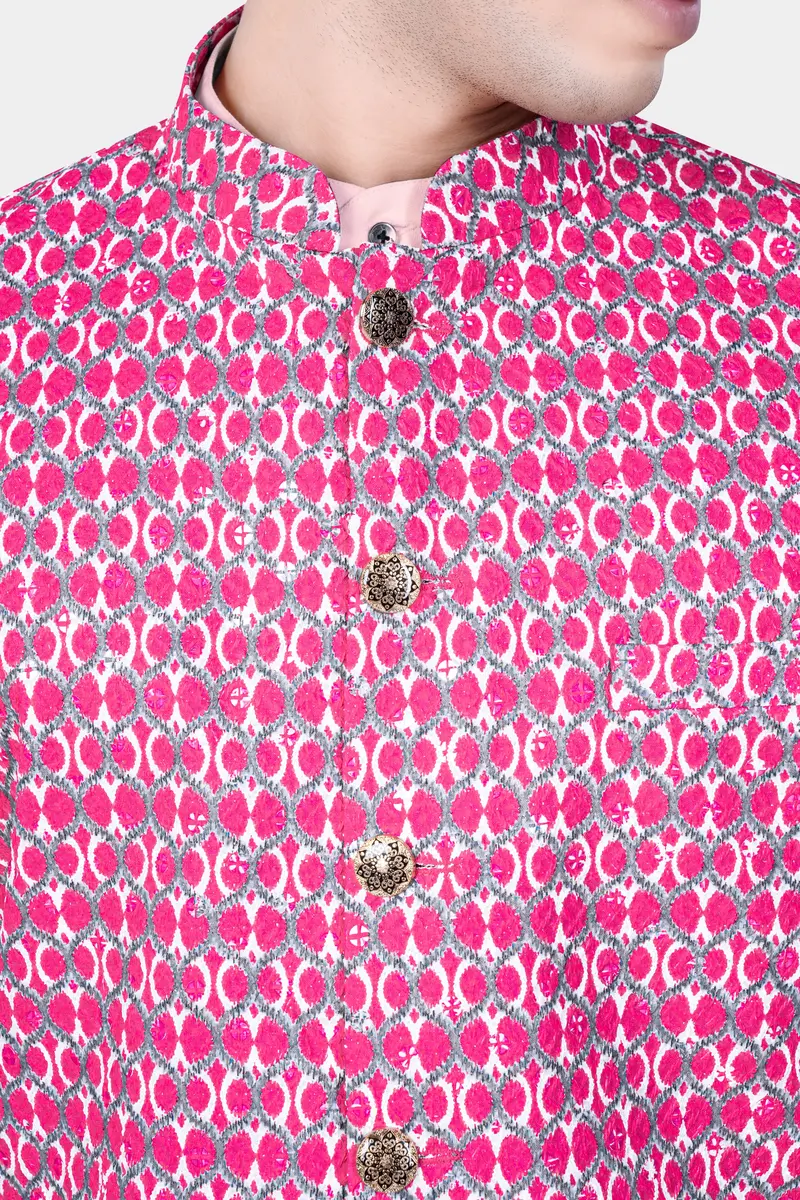 French Rose Pink And Bright White Designer Embroidered Nehru Jacket 4
