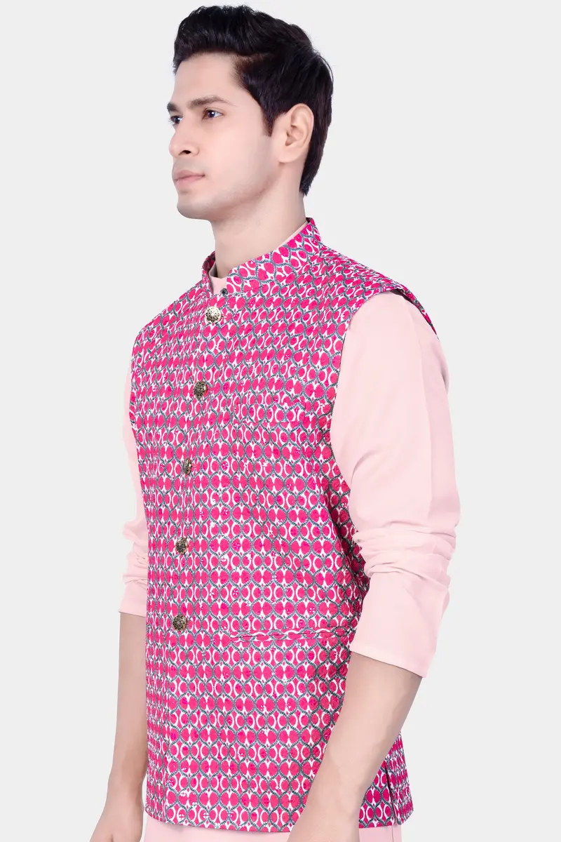 French Rose Pink And Bright White Designer Embroidered Nehru Jacket 5