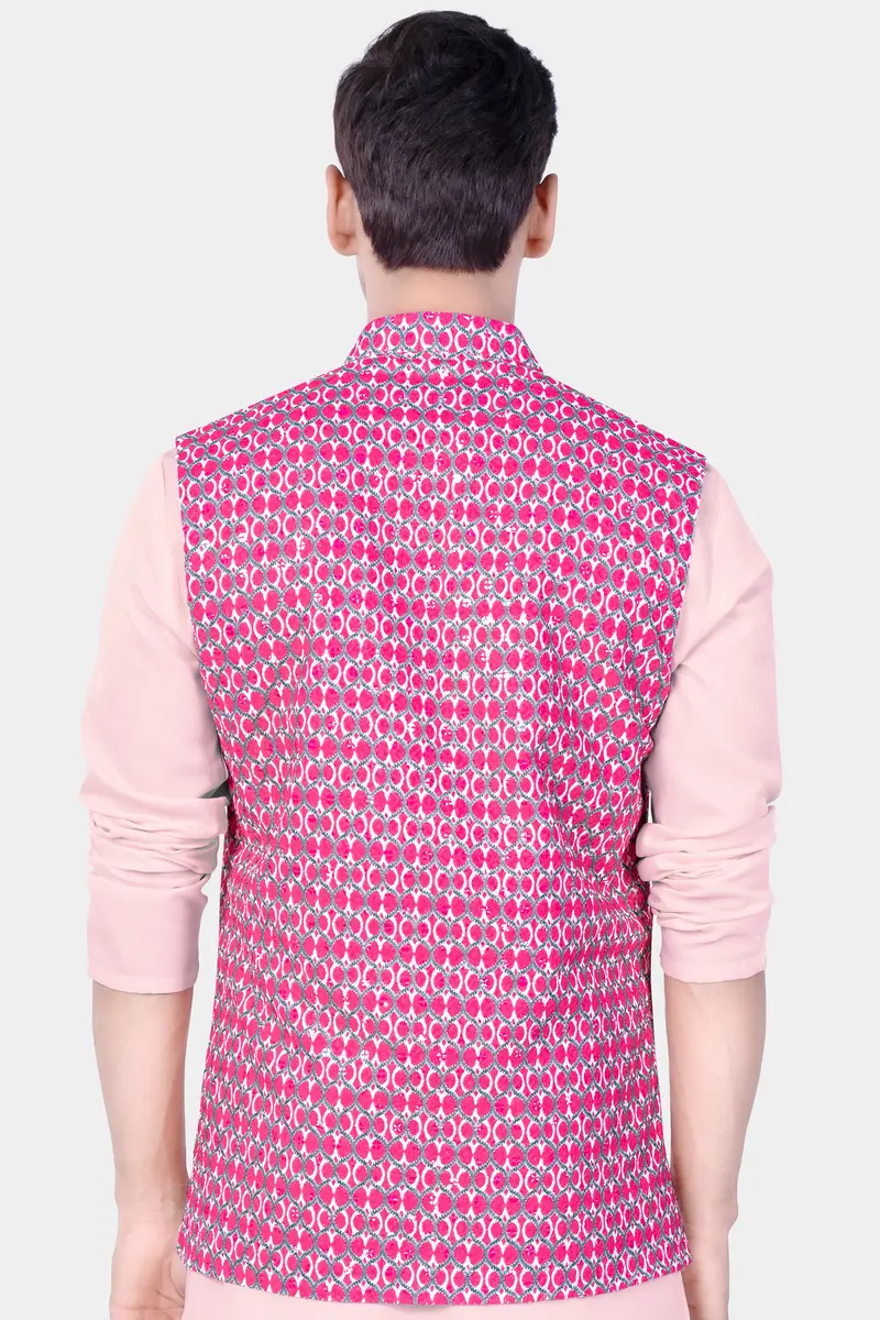 French Rose Pink And Bright White Designer Embroidered Nehru Jacket 6