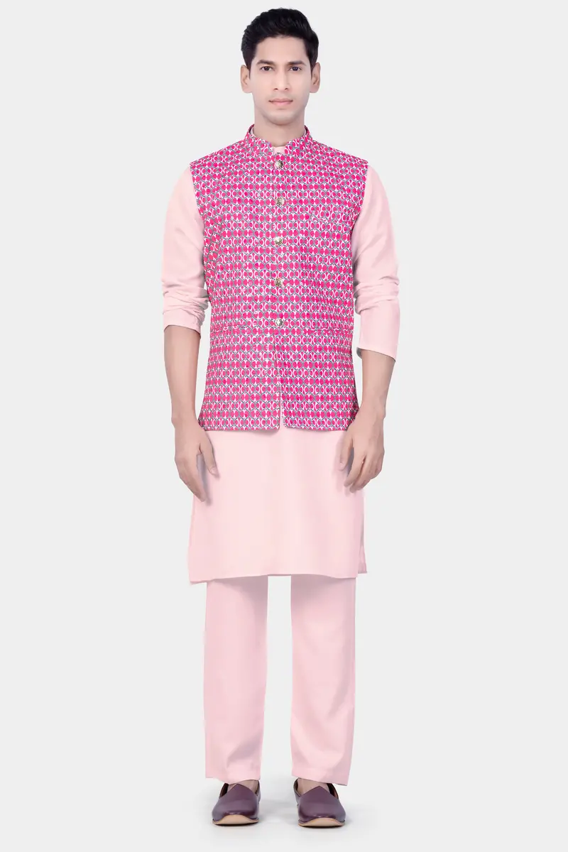 French Rose Pink And Bright White Designer Embroidered Nehru Jacket 7