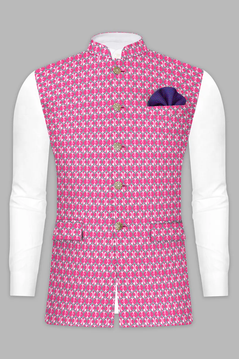 French Rose Pink And Bright White Designer Embroidered Nehru Jacket 8