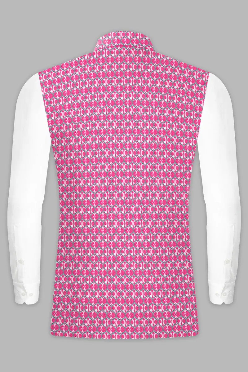 French Rose Pink And Bright White Designer Embroidered Nehru Jacket 9