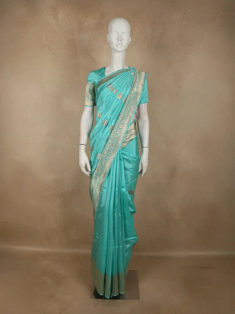 Fresh Aqua Blue Butta Zari Woven Design Pure Banarasi Saree 1