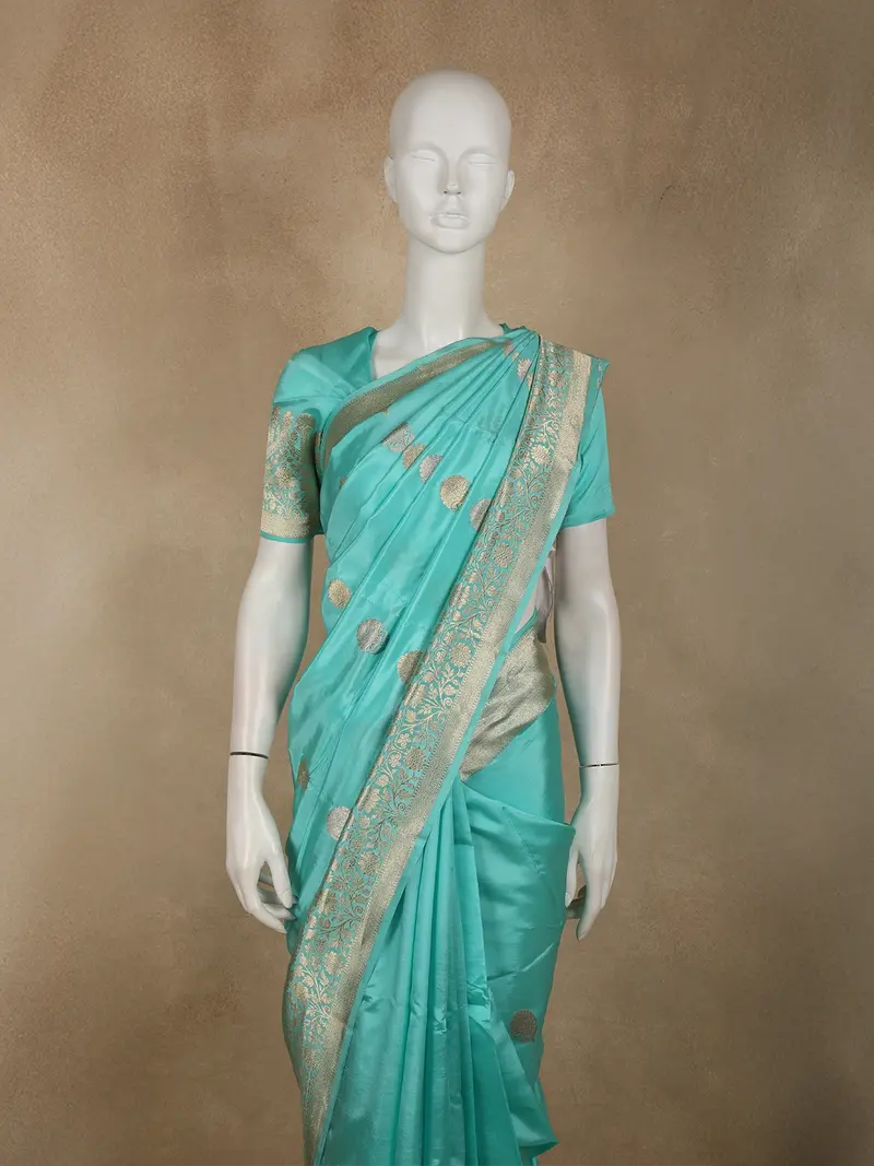 Fresh Aqua Blue Butta Zari Woven Design Pure Banarasi Saree 2