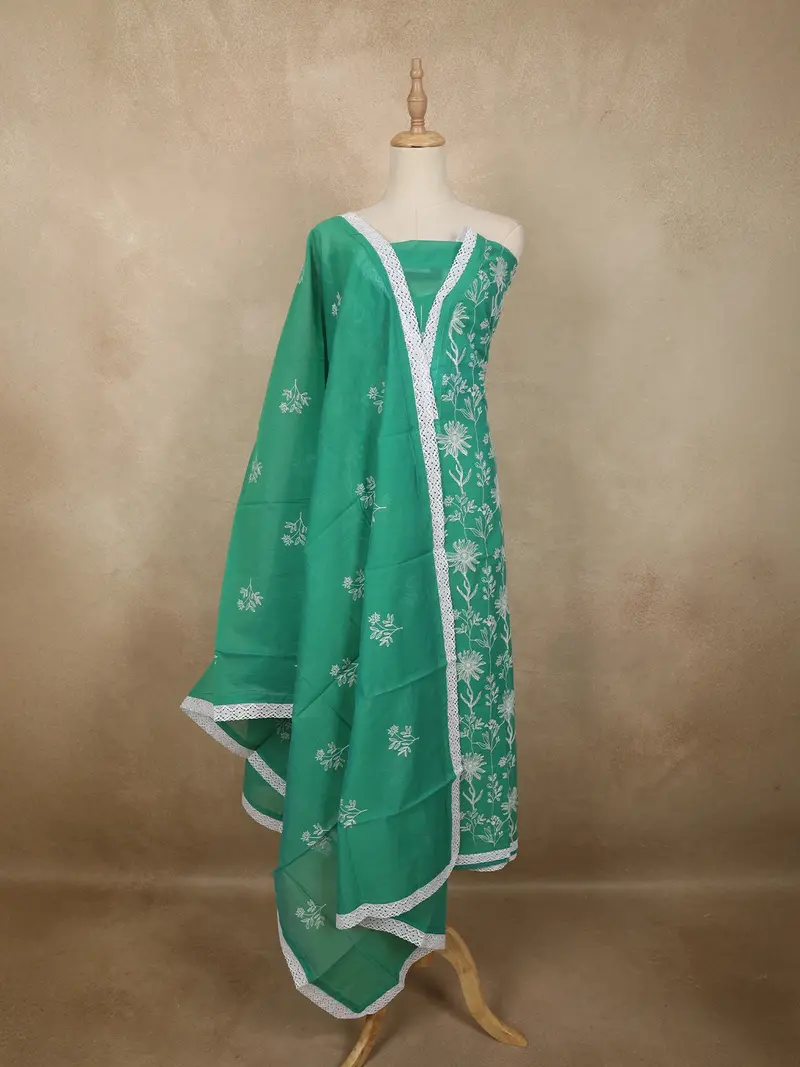 Fresh Jade Green Floral Thread Embroidered Design Cotton Unstitched Salwar Material 1
