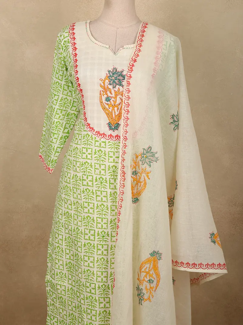 Fresh Leaf Green Floral Printed Design Cotton Salwar Suit With Dupatta 2