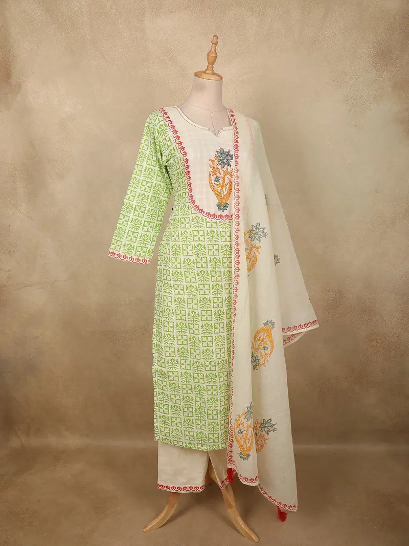 Fresh Leaf Green Floral Printed Design Cotton Salwar Suit With Dupatta 4