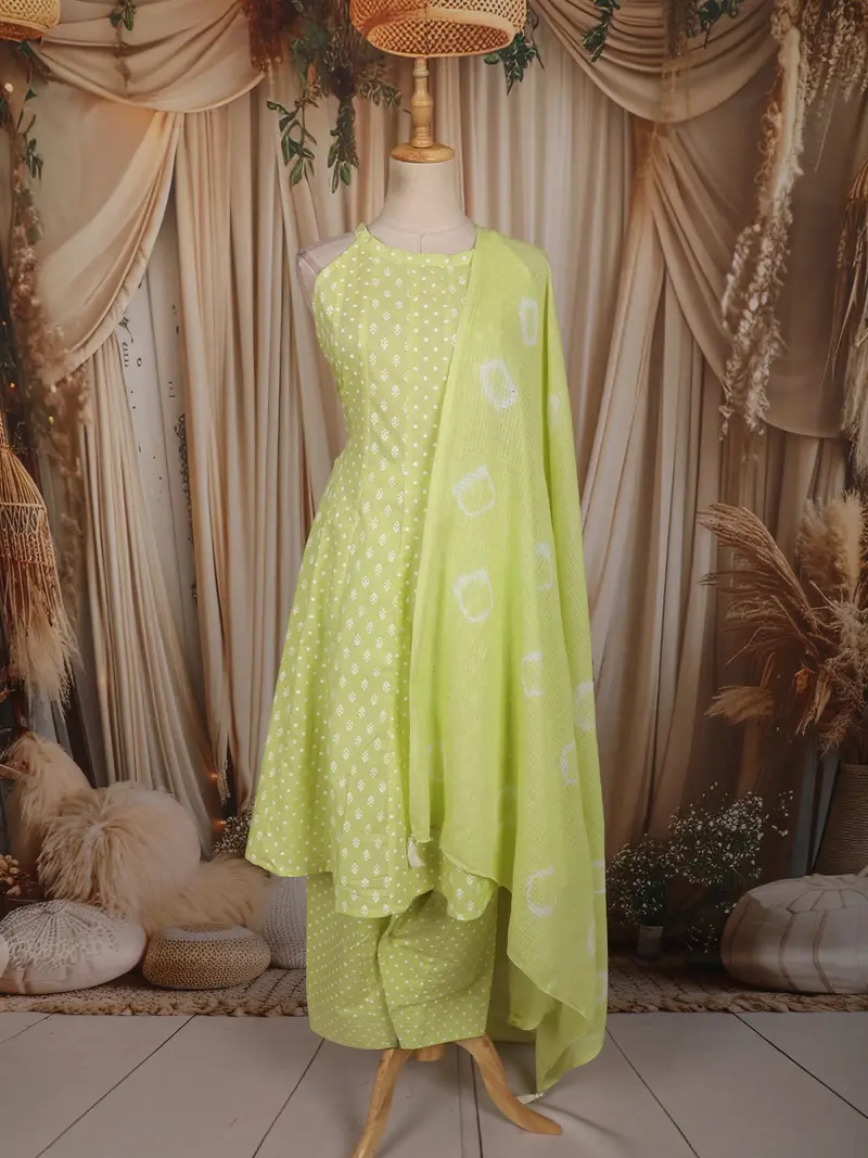 Fresh Lime Green Floral Butta Printed Design Cotton Anarkali Salwar Suit With Dupatta 1