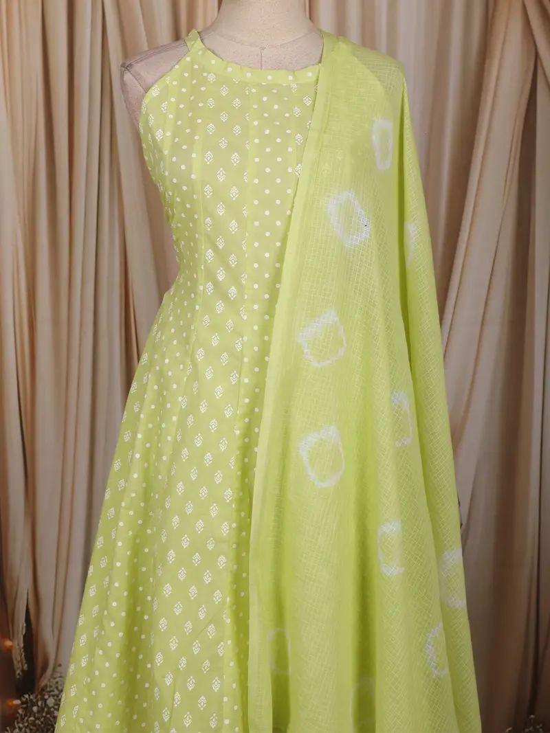 Fresh Lime Green Floral Butta Printed Design Cotton Anarkali Salwar Suit With Dupatta 2