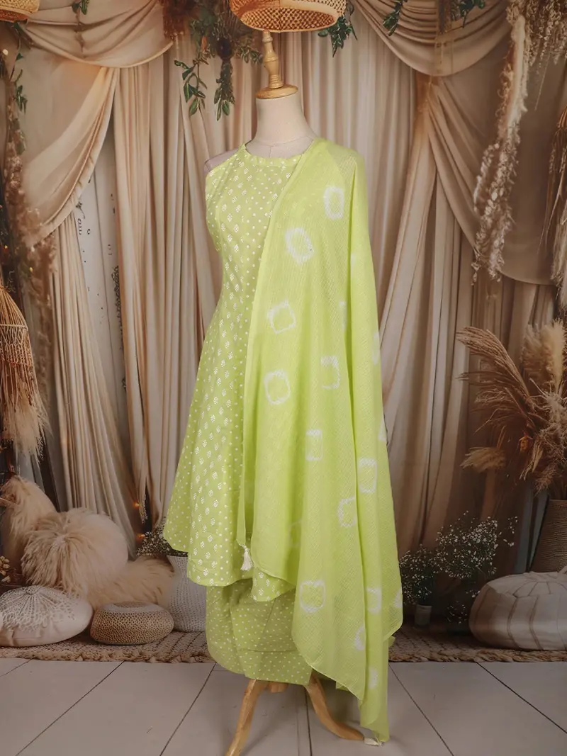 Fresh Lime Green Floral Butta Printed Design Cotton Anarkali Salwar Suit With Dupatta 3