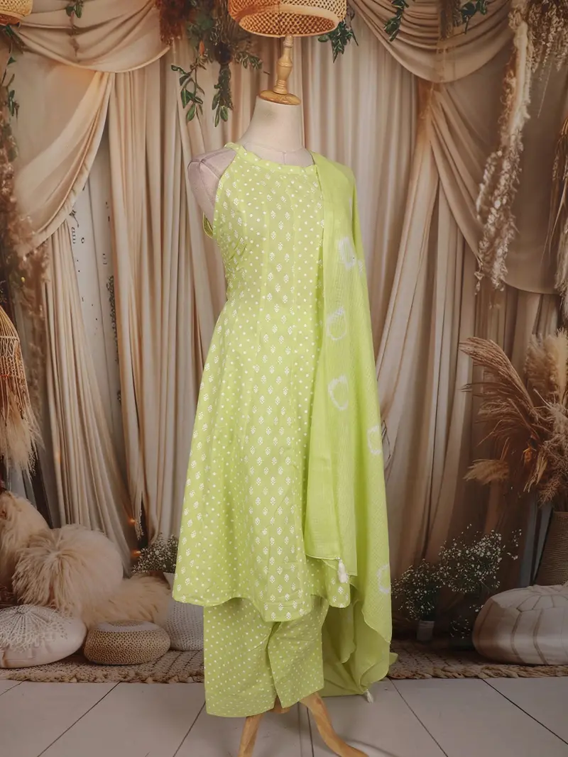 Fresh Lime Green Floral Butta Printed Design Cotton Anarkali Salwar Suit With Dupatta 4