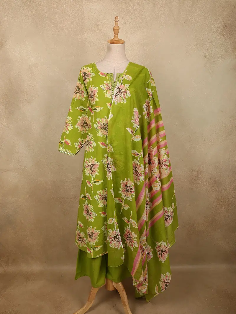 Fresh Lime Green Floral Printed Design Cotton Salwar Suit With Dupatta 1