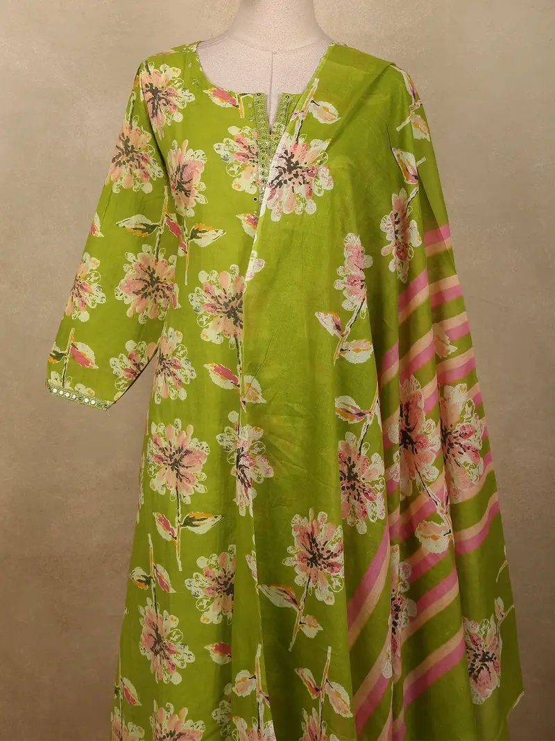 Fresh Lime Green Floral Printed Design Cotton Salwar Suit With Dupatta 2