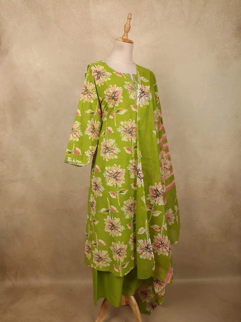 Fresh Lime Green Floral Printed Design Cotton Salwar Suit With Dupatta 3