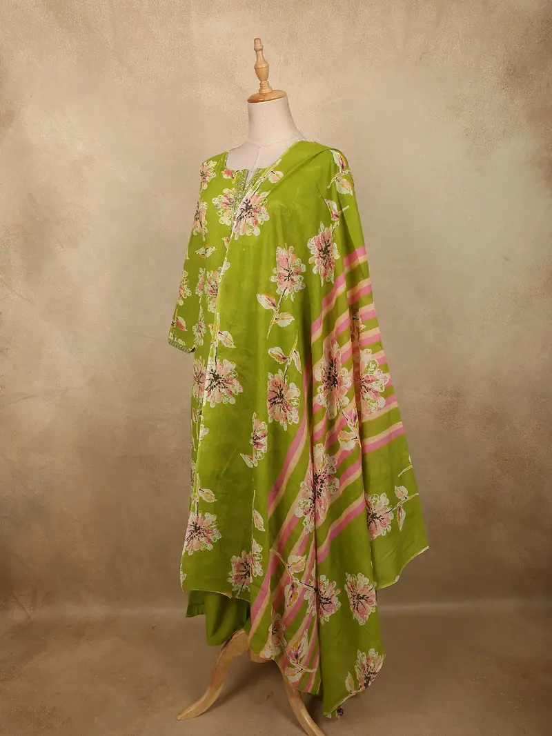 Fresh Lime Green Floral Printed Design Cotton Salwar Suit With Dupatta 4