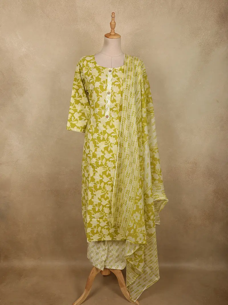 Fresh Lime Pistachio Green Floral Printed Design Cotton Straight Cut Salwar Suit With Dupatta 1