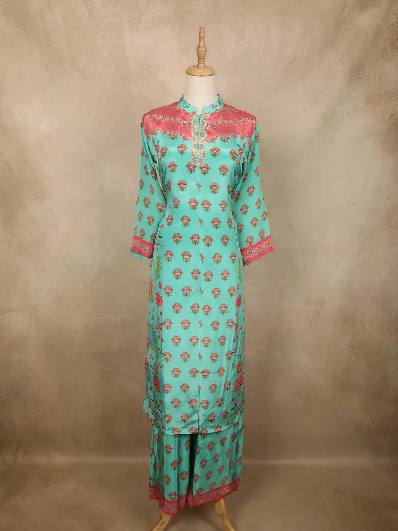 Fresh Mint Aqua Green Floral Printed Design Crepe Palazzo Suit 1