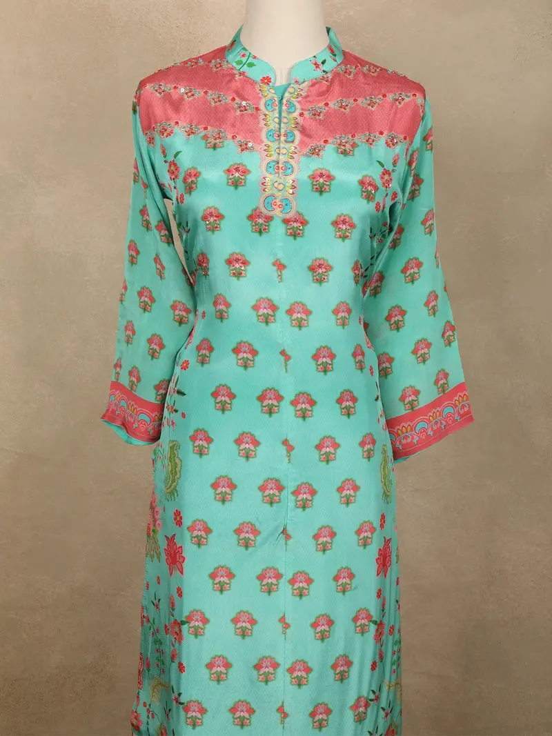 Fresh Mint Aqua Green Floral Printed Design Crepe Palazzo Suit 2