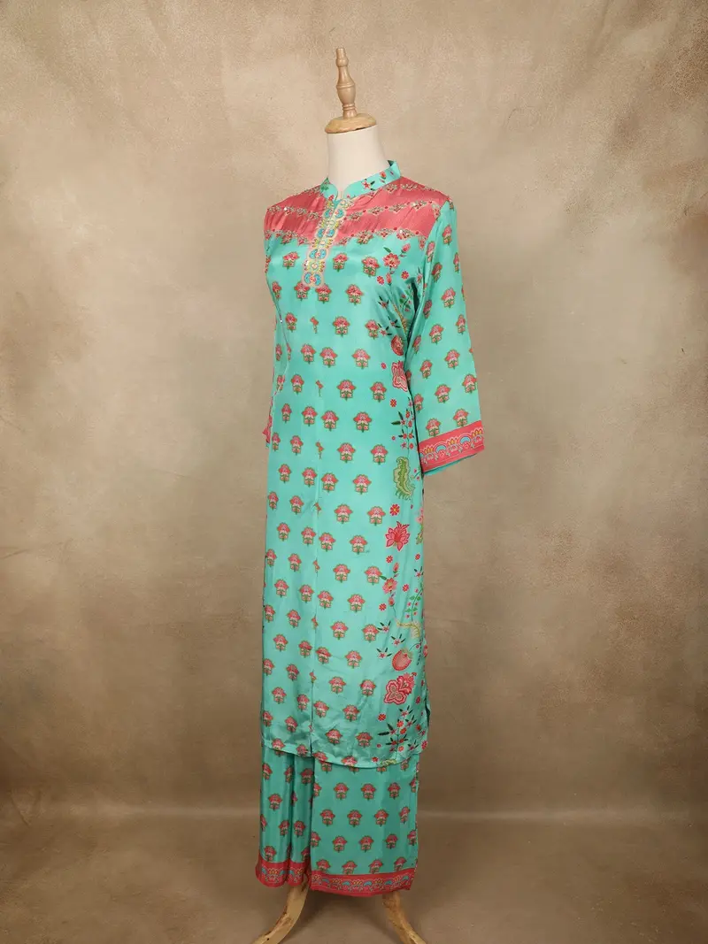 Fresh Mint Aqua Green Floral Printed Design Crepe Palazzo Suit 3