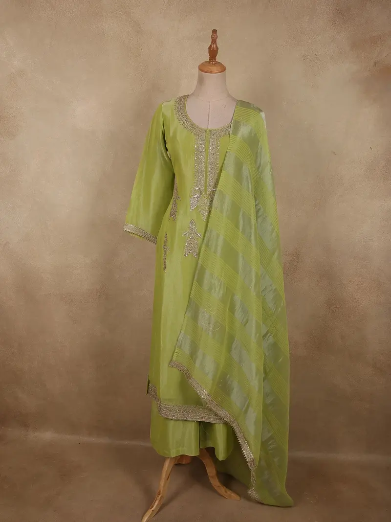 Fresh Pistachio Lime Green Heavy Sequins Embroidered Design Tissue Silk Palazzo Suit 1