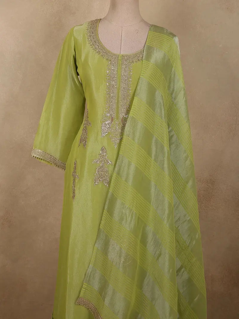 Fresh Pistachio Lime Green Heavy Sequins Embroidered Design Tissue Silk Palazzo Suit 2