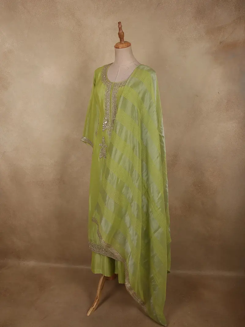Fresh Pistachio Lime Green Heavy Sequins Embroidered Design Tissue Silk Palazzo Suit 3