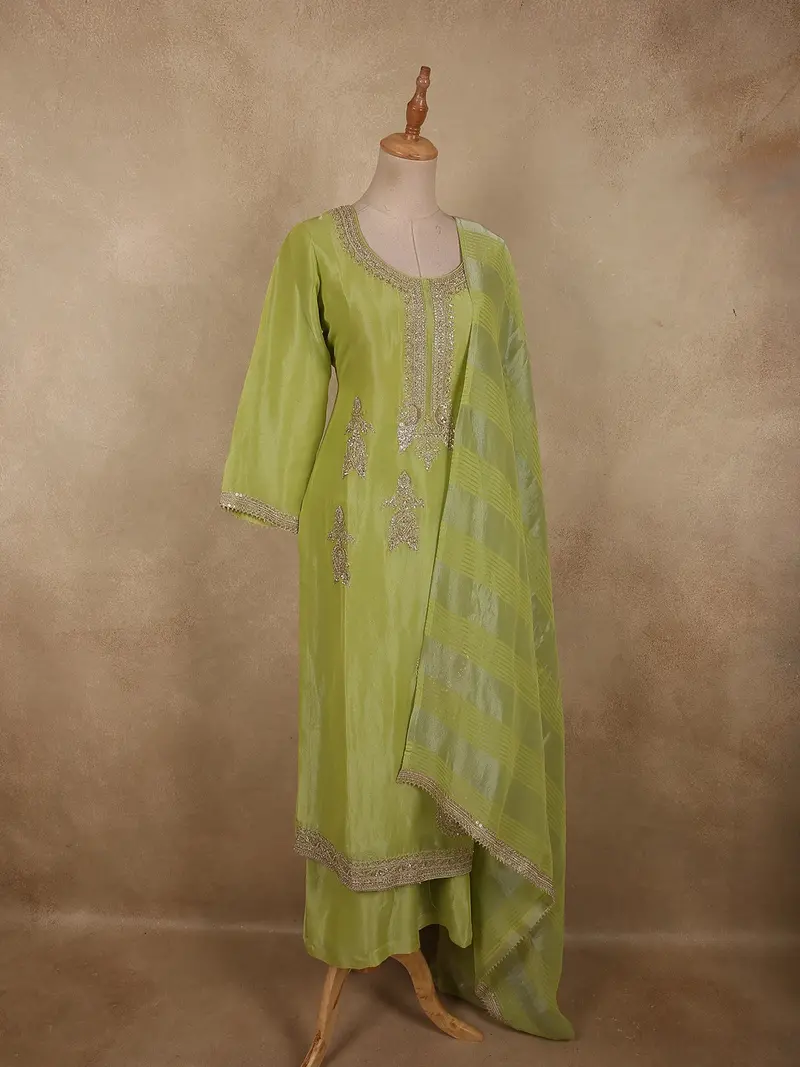 Fresh Pistachio Lime Green Heavy Sequins Embroidered Design Tissue Silk Palazzo Suit 4