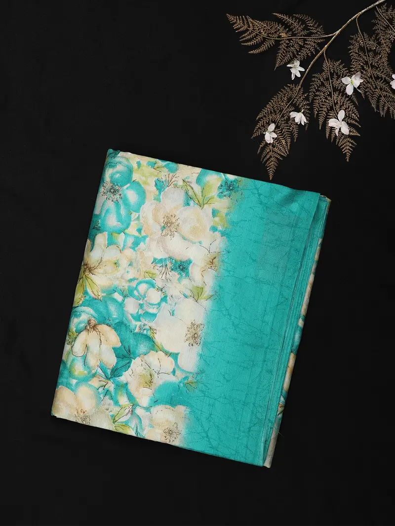 Fresh Teal Green Floral Woven Design Blended Cotton Saree 1