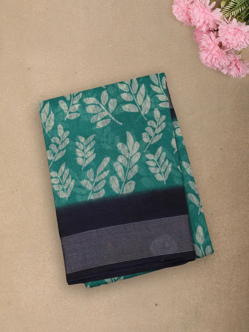 Fresh Teal Green Leaf Printed Design Linen Cotton Saree With Contrast Border 1