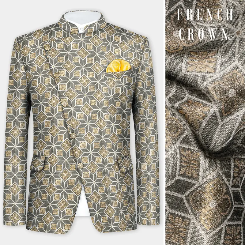 Friar Gray And Pavlova Brown Geometric Pattern Jacquard Weave Cross Placket Bandhgala Jodhpuri 1