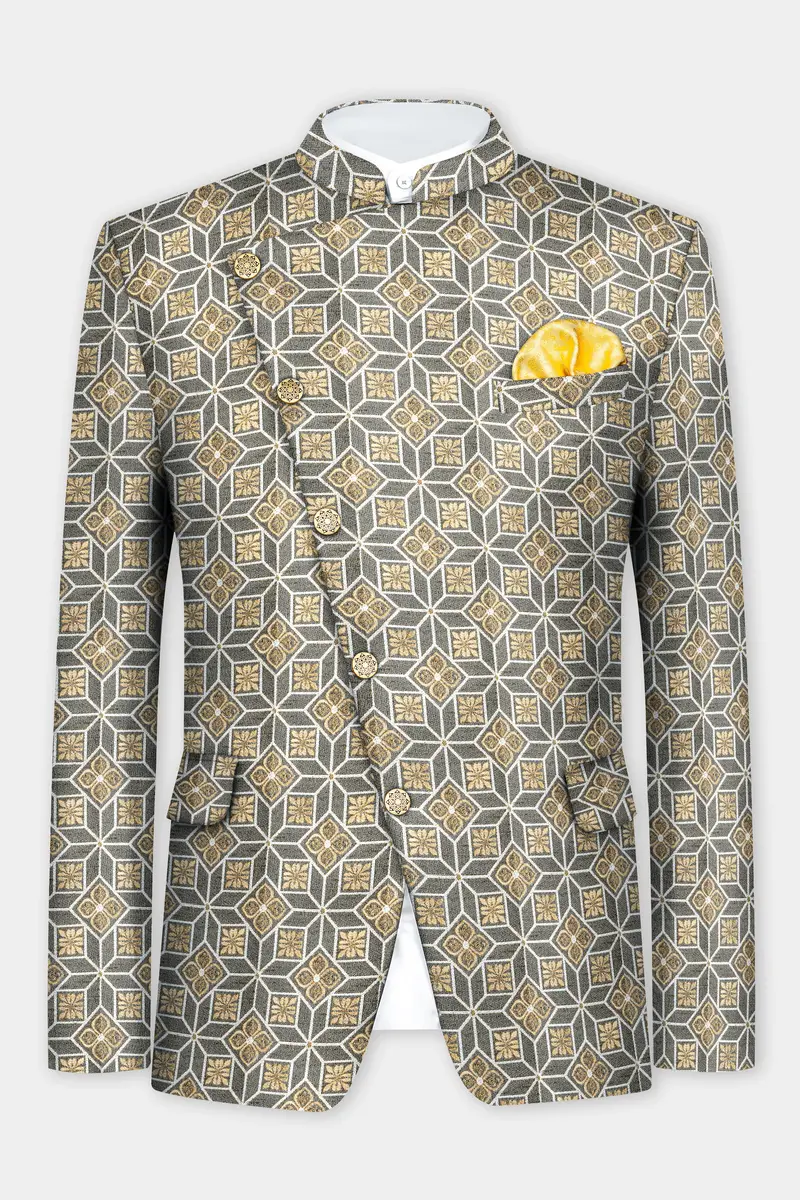 Friar Gray And Pavlova Brown Geometric Pattern Jacquard Weave Cross Placket Bandhgala Jodhpuri 2