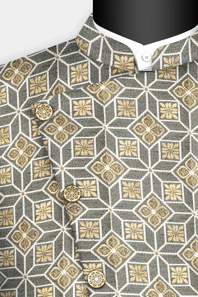 Friar Gray And Pavlova Brown Geometric Pattern Jacquard Weave Cross Placket Bandhgala Jodhpuri 4