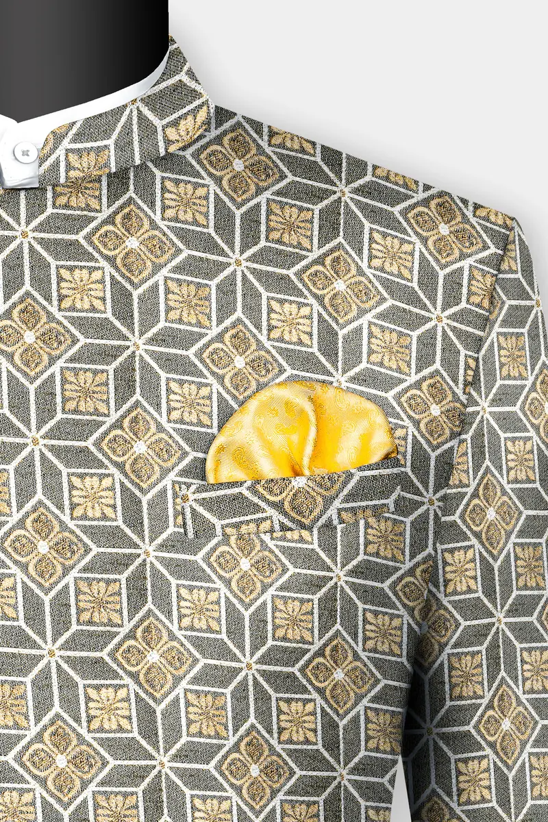 Friar Gray And Pavlova Brown Geometric Pattern Jacquard Weave Cross Placket Bandhgala Jodhpuri 5