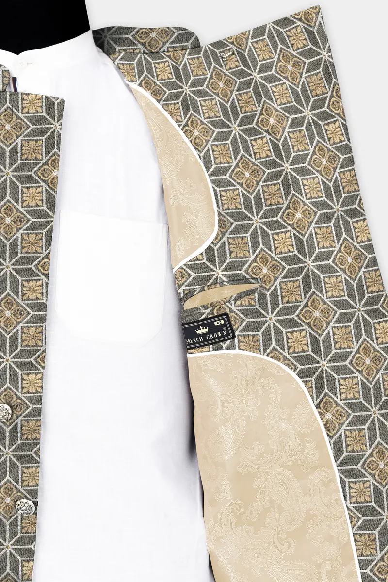 Friar Gray And Pavlova Brown Geometric Pattern Jacquard Weave Cross Placket Bandhgala Jodhpuri 6