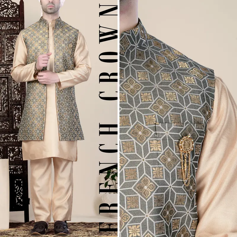 Friar Gray And Pavlova Brown Geometric Pattern Jacquard Weave Long Open Koti With Kurta 1