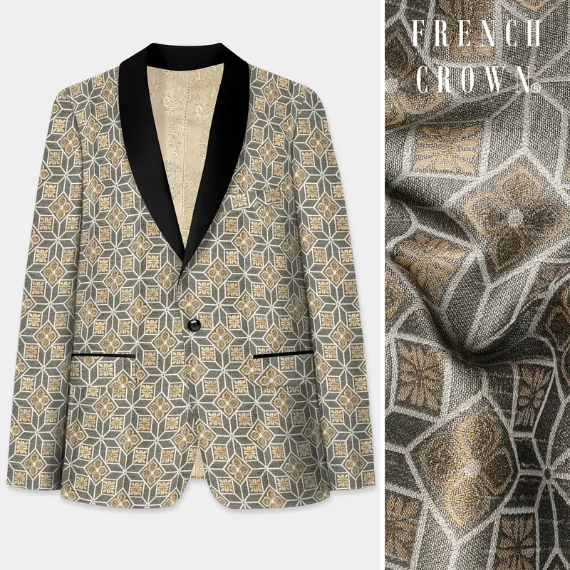 Friar Gray And Pavlova Brown Geometric Pattern Jacquard Weave Tuxedo Blazer 1