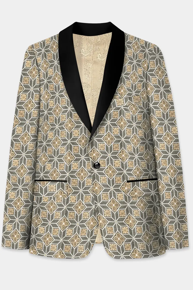 Friar Gray And Pavlova Brown Geometric Pattern Jacquard Weave Tuxedo Blazer 2