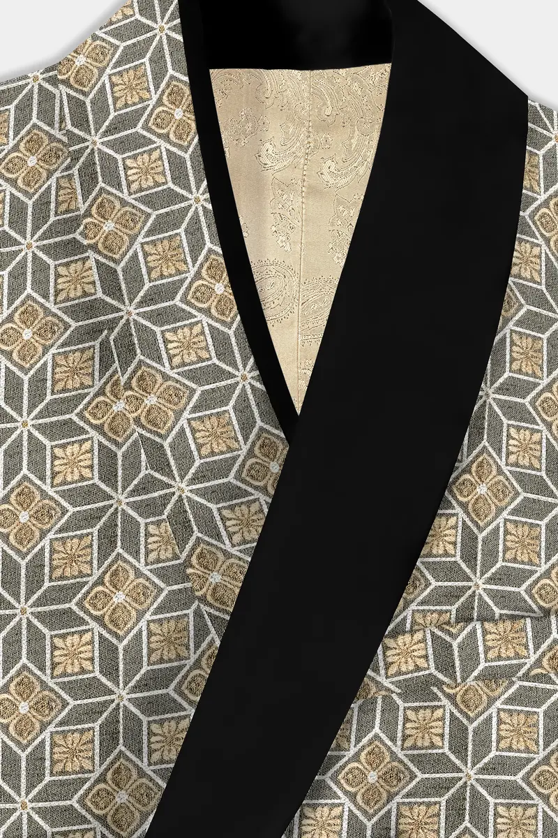 Friar Gray And Pavlova Brown Geometric Pattern Jacquard Weave Tuxedo Blazer 4