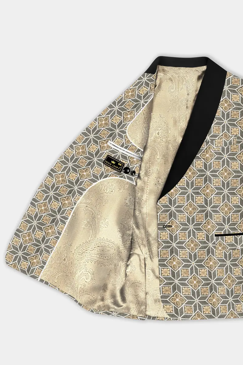 Friar Gray And Pavlova Brown Geometric Pattern Jacquard Weave Tuxedo Blazer 5