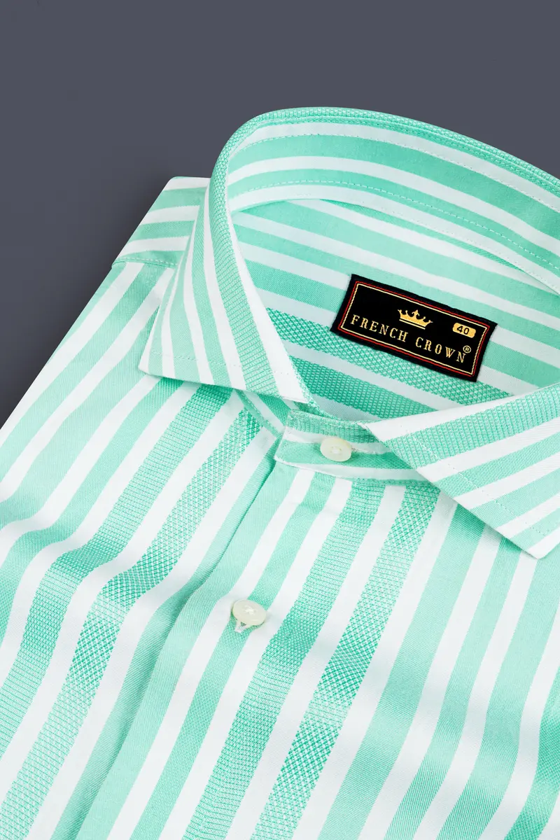 Fringy Green And Bright White Striped Dobby Textured Premium Giza Cotton Shirt 1