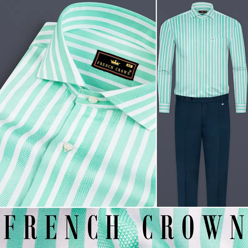 Fringy Green And Bright White Striped Dobby Textured Premium Giza Cotton Shirt 10