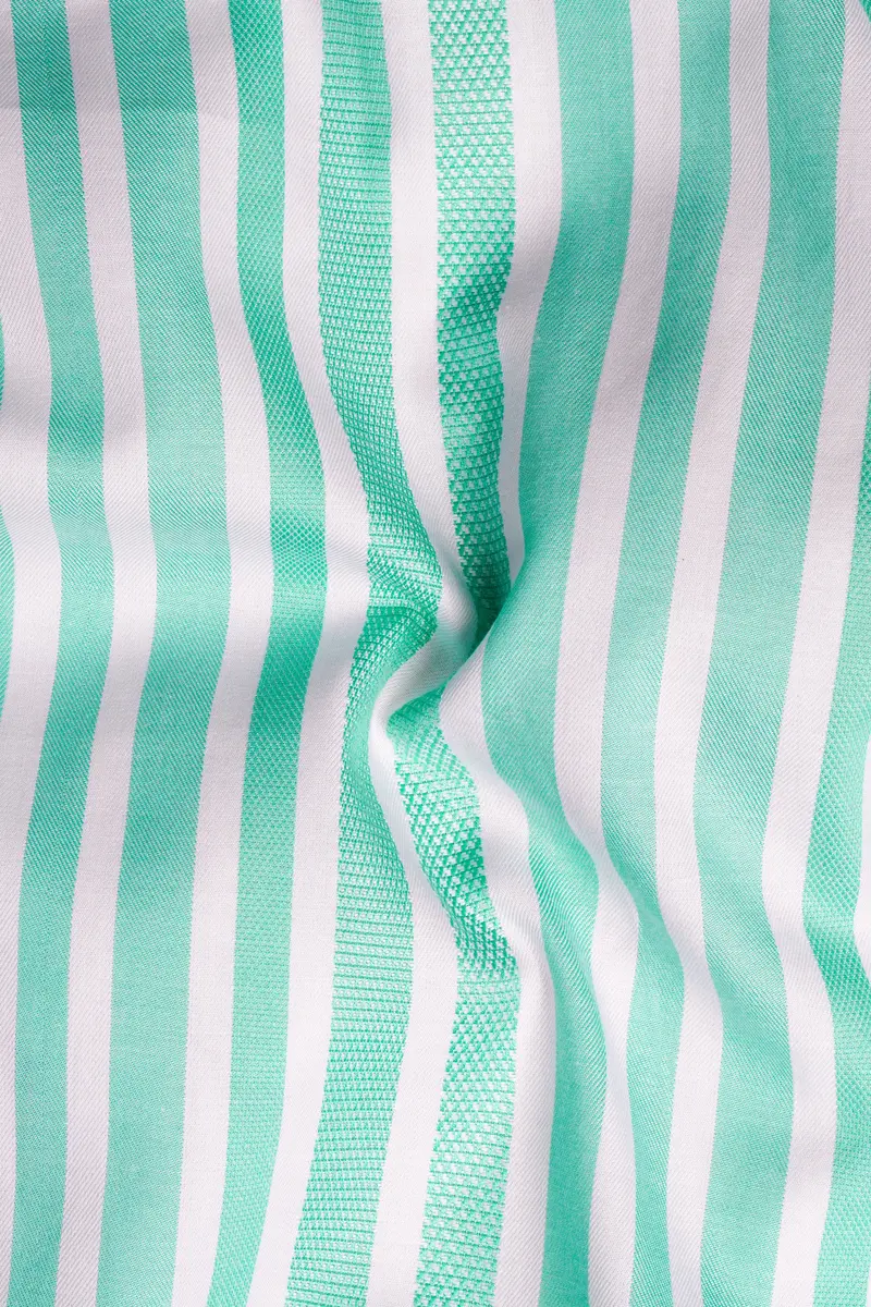 Fringy Green And Bright White Striped Dobby Textured Premium Giza Cotton Shirt 2