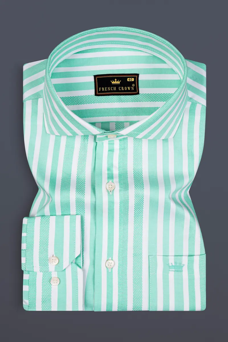 Fringy Green And Bright White Striped Dobby Textured Premium Giza Cotton Shirt 3