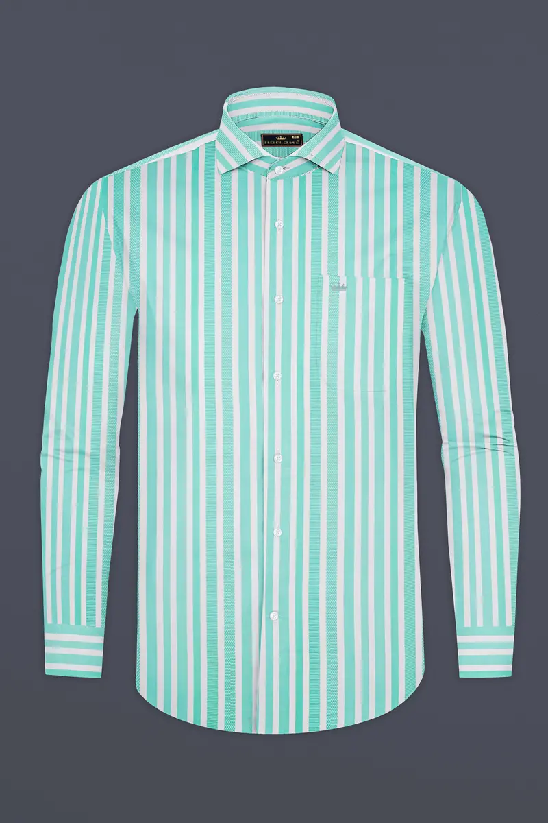 Fringy Green And Bright White Striped Dobby Textured Premium Giza Cotton Shirt 4