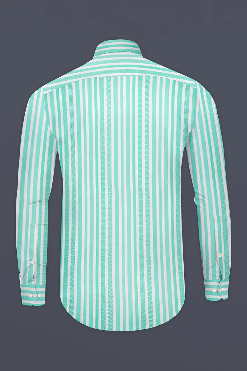 Fringy Green And Bright White Striped Dobby Textured Premium Giza Cotton Shirt 5