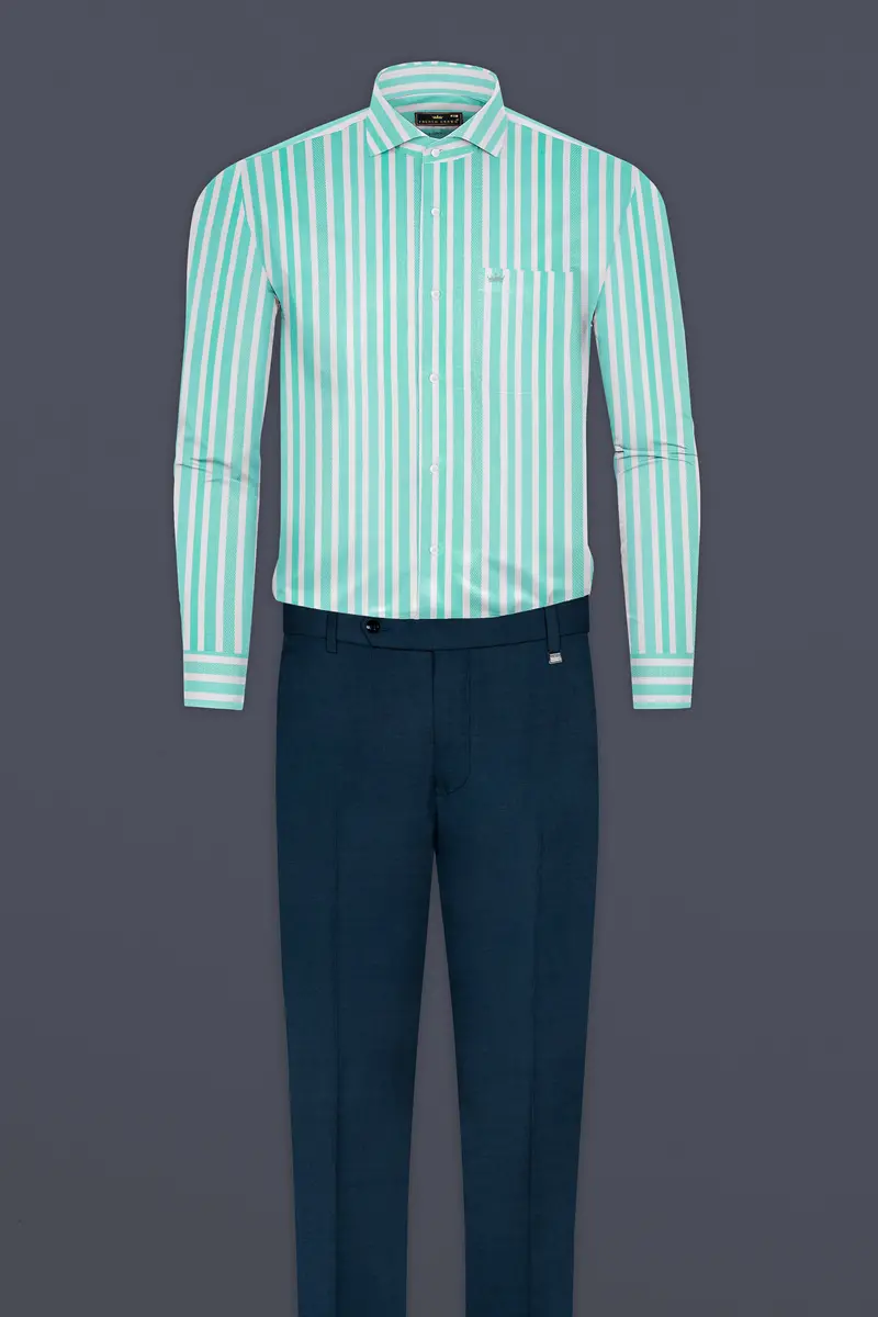 Fringy Green And Bright White Striped Dobby Textured Premium Giza Cotton Shirt 6