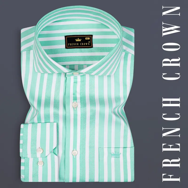 Fringy Green And Bright White Striped Dobby Textured Premium Giza Cotton Shirt 7