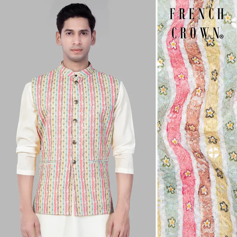 Froly Pink And Apple Blossom Brown Multicolour Designer Thread Embroidered Nehru Jacket 1